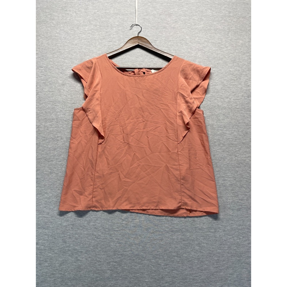 Everly Blouse Top Womens Large Coral Pink Ruffle Flutter Sleeve Back Tie Detail